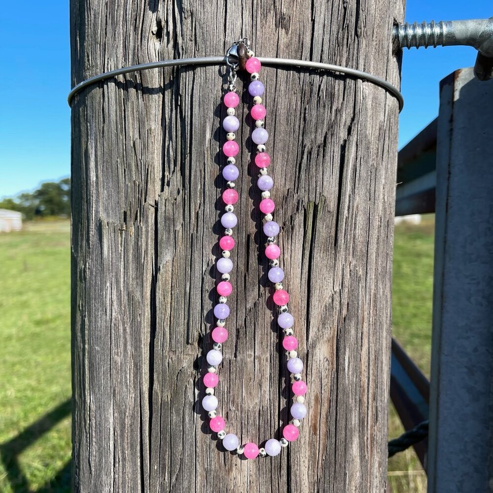 Handmade Chunky Beaded Necklace: Quartz, Jasper, Stainless Steel - Y2K Boho